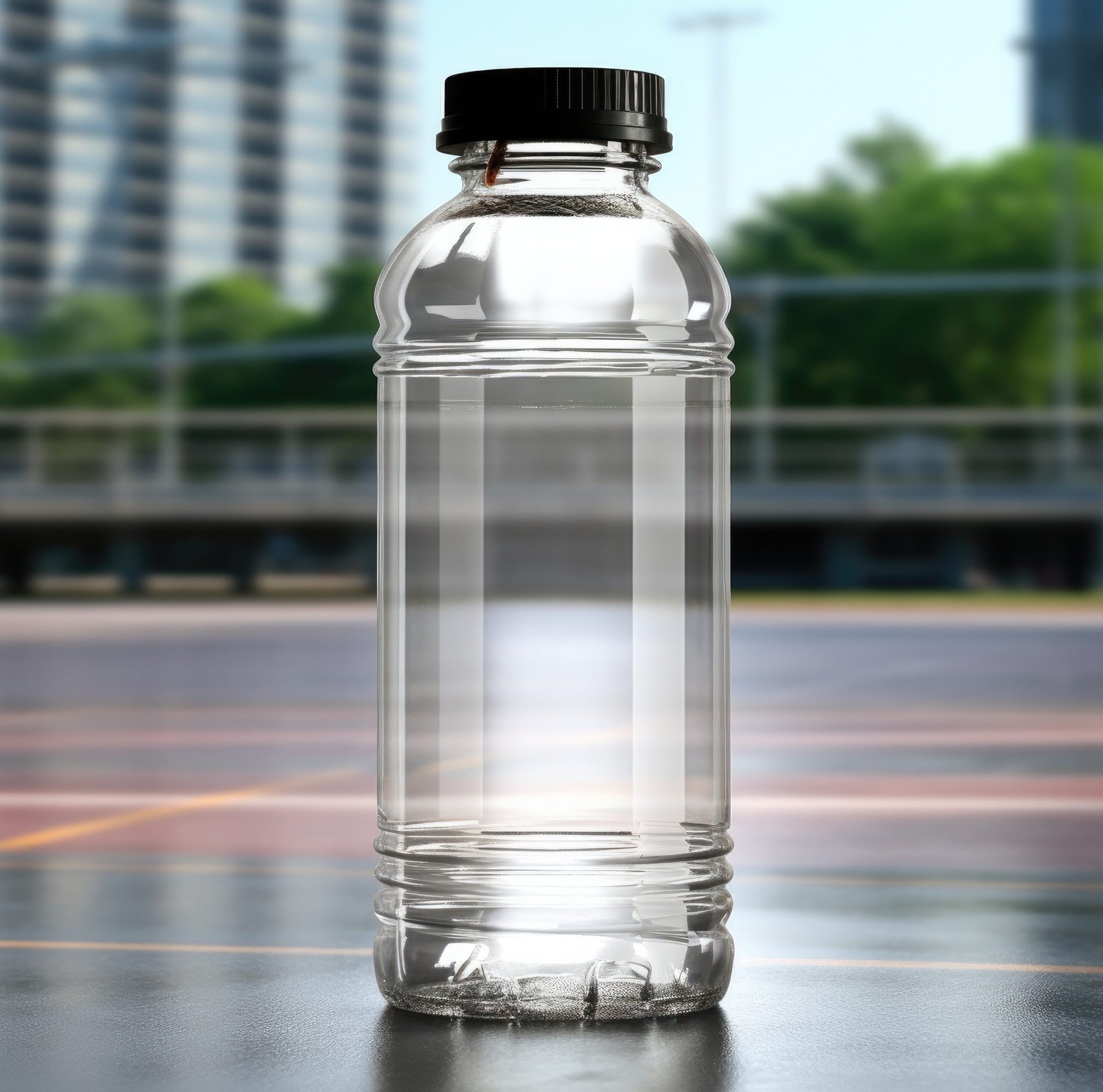 clear sports bottle with handle cap, filled with watter, modern scene background, for mockup, ad, advertising, realistic render, everyday object image stock, rule of the third, empty space for copy text, close, aesthetic placement, product photography, has clear liquid --no text logo copy caption --ar 2:3 --style raw --v 5.2
